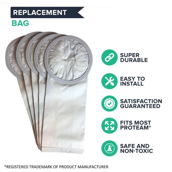 Crucial Vacuum Replacement Vac Bags Part # 100431, 450227 - Compatible With ProTeam 6 QT Bags Fit 6-Quart Backpacks Vac Bags - Compact Disposable Bag - Home, Vacs, Models (5 Pack)