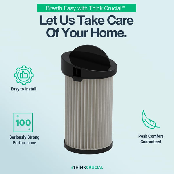 Pleated cylinder filter with black cap on a light blue background, with icons for easy install, performance and comfort