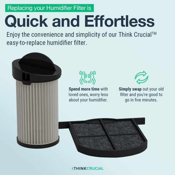 Cylinder filter and flat black-framed filter side by side, with text about quick filter replacement