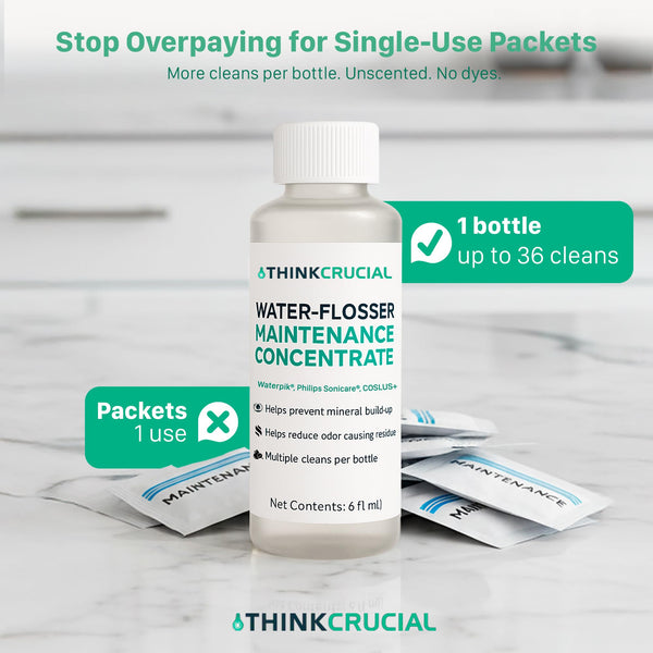 Up to 36 Cleans Think Crucial Water Flosser Cleaner & Descaler Rinse 6oz Super Concentrate - Compatible with All Waterpik Models (WP-660/662, WP-580, WP-560, WP-100) & Philips Sonicare 3000 & More
