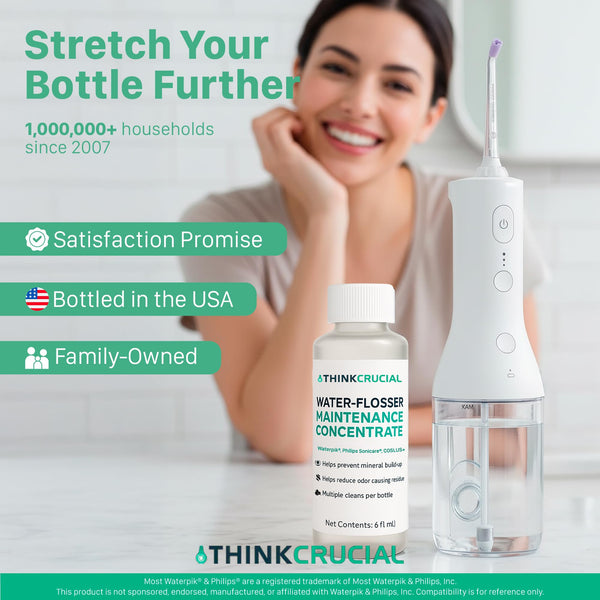 Up to 36 Cleans Think Crucial Water Flosser Cleaner & Descaler Rinse 6oz Super Concentrate - Compatible with All Waterpik Models (WP-660/662, WP-580, WP-560, WP-100) & Philips Sonicare 3000 & More