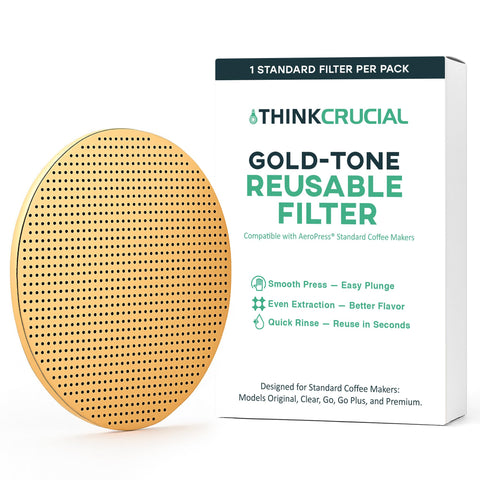 Gold Reusable Disc Filter Compatible with AeroPress STANDARD Coffee Makers – Fits Original, Clear, Premium, Go & Go Plus – Titanium-Coated Stainless Steel, Washable, Eco-Friendly - By Think Crucial
