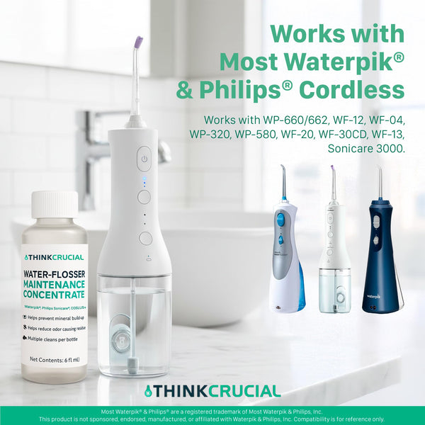 Up to 36 Cleans Think Crucial Water Flosser Cleaner & Descaler Rinse 6oz Super Concentrate - Compatible with All Waterpik Models (WP-660/662, WP-580, WP-560, WP-100) & Philips Sonicare 3000 & More