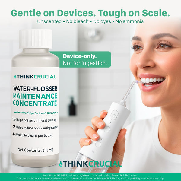 Up to 36 Cleans Think Crucial Water Flosser Cleaner & Descaler Rinse 6oz Super Concentrate - Compatible with All Waterpik Models (WP-660/662, WP-580, WP-560, WP-100) & Philips Sonicare 3000 & More