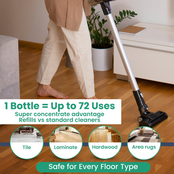 Person using a stick vacuum on a hardwood floor, with icons for tile, laminate, hardwood and area rugs; up to 72 uses per bottle