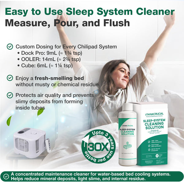 Think Crucial 30x Uses Sleep System Cleaner – Compatible with Chilipad, Chili Sleep Dock Pro, OOLER & Cube Cooling Pad Systems – Bed Cooling Pad Monthly Maintenance Concentrated Solution – 6oz