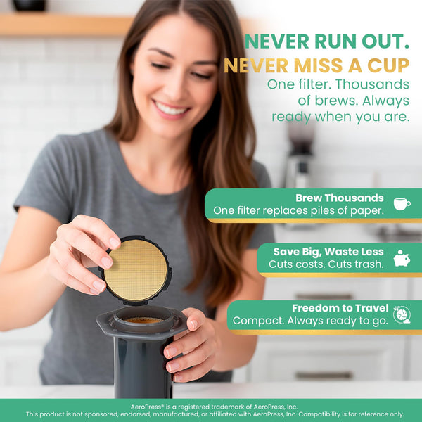 Gold Reusable Disc Filter Compatible with AeroPress STANDARD Coffee Makers – Fits Original, Clear, Premium, Go & Go Plus – Titanium-Coated Stainless Steel, Washable, Eco-Friendly - By Think Crucial