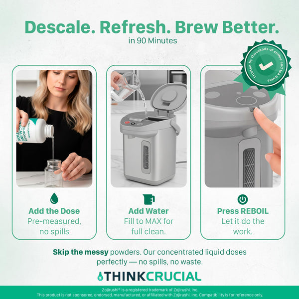 Think Crucial Up to 6 cleans SUPER Concentrate Zojirushi Descaler 6oz - Compatible with all Zojirushi Electric Water Boiler & Warmer Models – Descaling Mode/REBOIL Ready – Unscented
