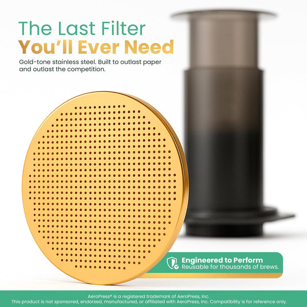 Gold Reusable Disc Filter Compatible with AeroPress STANDARD Coffee Makers – Fits Original, Clear, Premium, Go & Go Plus – Titanium-Coated Stainless Steel, Washable, Eco-Friendly - By Think Crucial