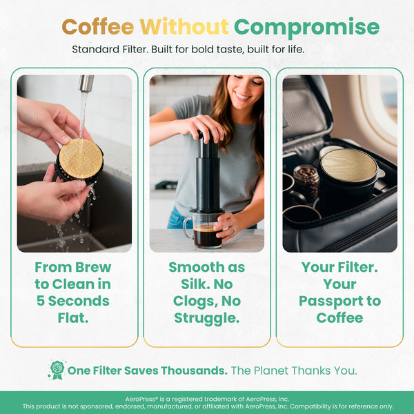 Gold Reusable Disc Filter Compatible with AeroPress STANDARD Coffee Makers – Fits Original, Clear, Premium, Go & Go Plus – Titanium-Coated Stainless Steel, Washable, Eco-Friendly - By Think Crucial