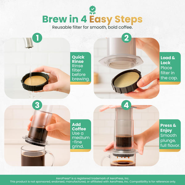 Gold Reusable Disc Filter Compatible with AeroPress STANDARD Coffee Makers – Fits Original, Clear, Premium, Go & Go Plus – Titanium-Coated Stainless Steel, Washable, Eco-Friendly - By Think Crucial