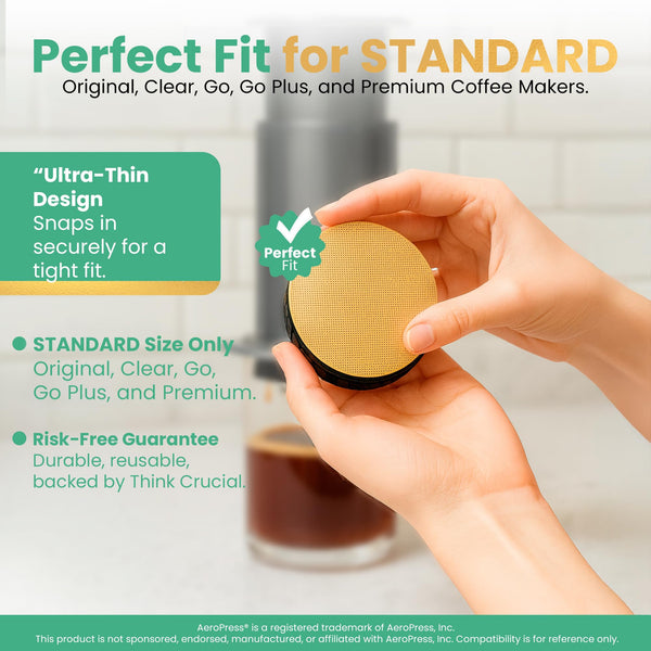 Gold Reusable Disc Filter Compatible with AeroPress STANDARD Coffee Makers – Fits Original, Clear, Premium, Go & Go Plus – Titanium-Coated Stainless Steel, Washable, Eco-Friendly - By Think Crucial