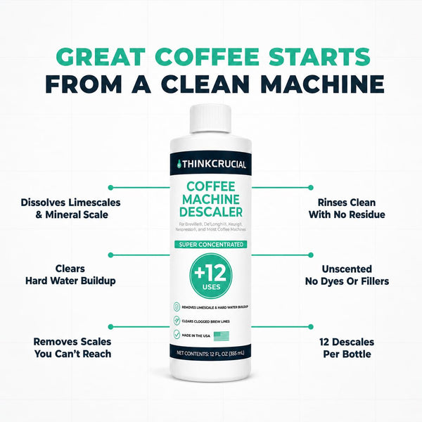 Think Crucial Professional Strength Citric Acid Coffee Machine Descaler – 12 FL OZ – Up to 12 Uses – Universal Concentra