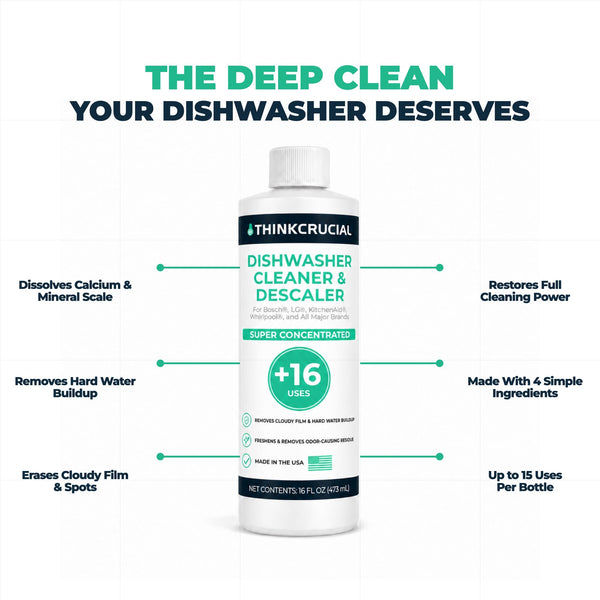 Think Crucial Dishwasher Cleaner & Descaler, 15 Uses, 75% Savings Per Use – 32% Citric Acid Liquid Concentrate – Whirlpo