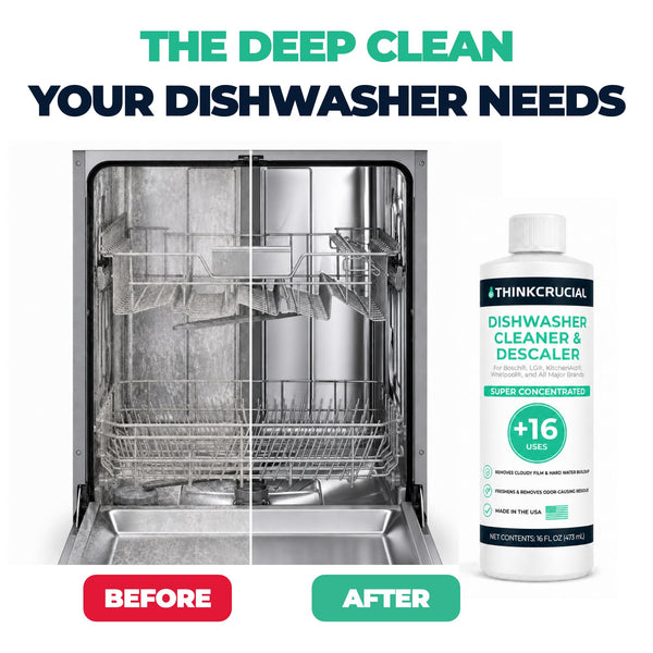 Think Crucial Dishwasher Cleaner & Descaler, 15 Uses, 75% Savings Per Use – 32% Citric Acid Liquid Concentrate – Whirlpo