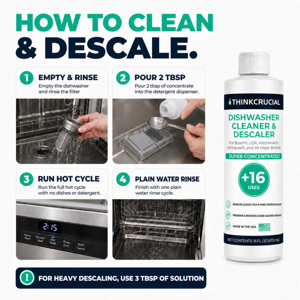 Think Crucial Dishwasher Cleaner & Descaler, 15 Uses, 75% Savings Per Use – 32% Citric Acid Liquid Concentrate – Whirlpo