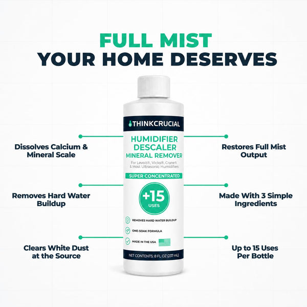 Think Crucial Humidifier Descaler – Clears White Dust – 15 Uses – Compatible with Levoit, Vicks, Crane - 8 fl oz