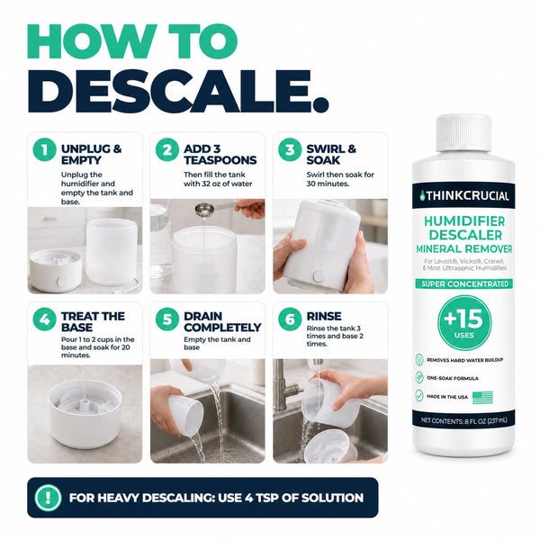 Think Crucial Humidifier Descaler – Clears White Dust – 15 Uses – Compatible with Levoit, Vicks, Crane - 8 fl oz