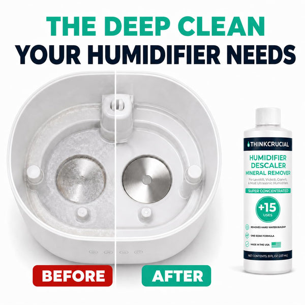Think Crucial Humidifier Descaler – Clears White Dust – 15 Uses – Compatible with Levoit, Vicks, Crane - 8 fl oz