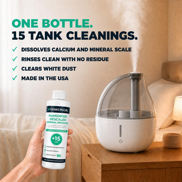 Think Crucial Humidifier Descaler – Clears White Dust – 15 Uses – Compatible with Levoit, Vicks, Crane - 8 fl oz