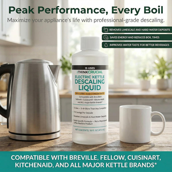 Think Crucial Electric Kettle Descaler, 15 Uses, 35% Citric Acid Concentrate — Compatible with Breville, Fellow, Cuisina