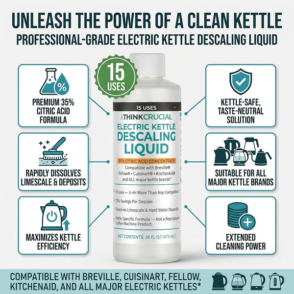 Think Crucial Electric Kettle Descaler, 15 Uses, 35% Citric Acid Concentrate — Compatible with Breville, Fellow, Cuisina
