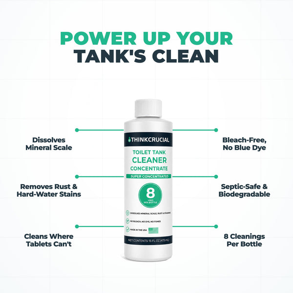Think Crucial Toilet Tank Cleaner Concentrate — 35% Citric Acid, 8 Uses, Bleach-Free, No Blue Dye, Septic Safe — 16 fl o