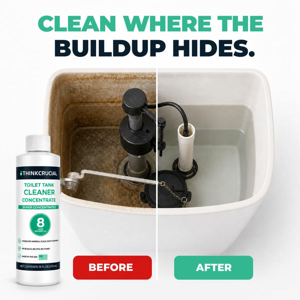 Think Crucial Toilet Tank Cleaner Concentrate — 35% Citric Acid, 8 Uses, Bleach-Free, No Blue Dye, Septic Safe — 16 fl o