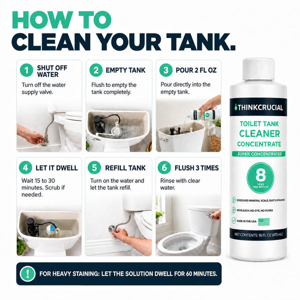 Think Crucial Toilet Tank Cleaner Concentrate — 35% Citric Acid, 8 Uses, Bleach-Free, No Blue Dye, Septic Safe — 16 fl o