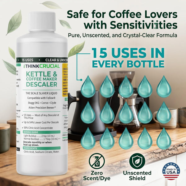 Think Crucial Kettle & Coffee Maker Descaler, 15 Uses, Best Value Per Descale — Compatible with Fellow, Stagg EKG, Corvo