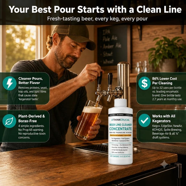 Think Crucial 16-Use Beer Line Cleaner Concentrate, Borax-Free Liquid for Kegerator, 16 fl oz