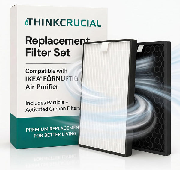Think Crucial replacement filter set for the IKEA FÖRNUFTIG air purifier: particle filter and activated carbon layer beside the retail box