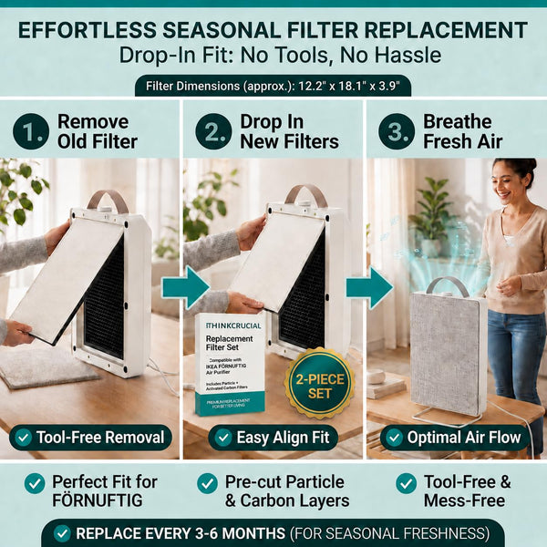 Three-step replacement: remove the old filter, drop in the new two-piece set, and breathe fresh air