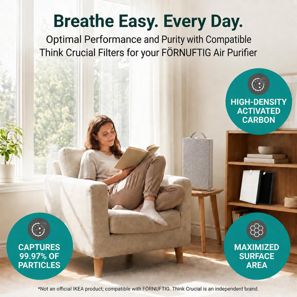 FÖRNUFTIG air purifier beside a reading chair, with the replacement particle and carbon filters on a nearby shelf
