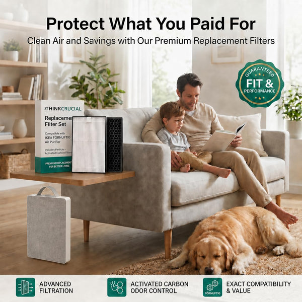 Replacement filter set and retail box on a side table beside a FÖRNUFTIG purifier in a family living room