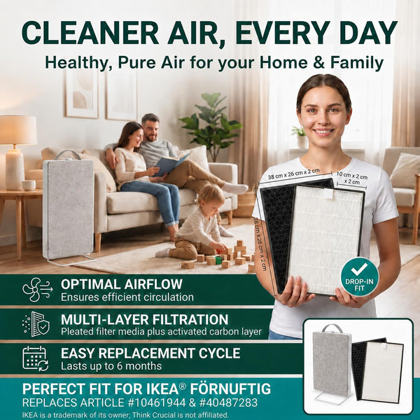 FÖRNUFTIG air purifier in a family living room with the particle and carbon filters held up beside it