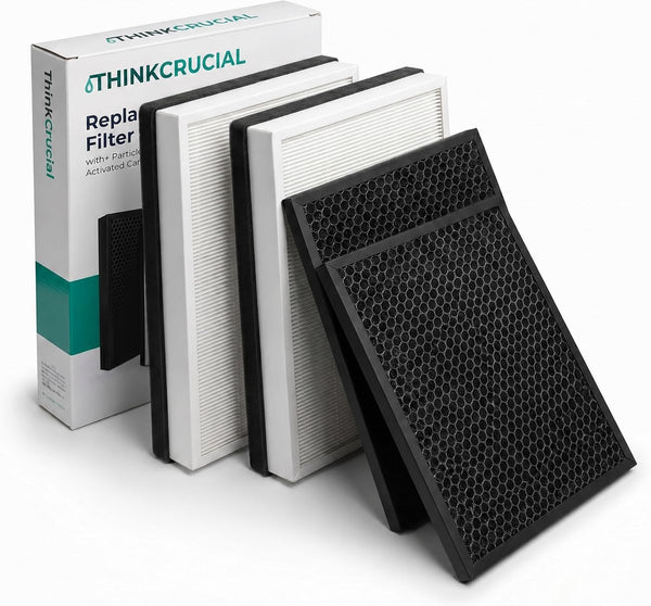 Think Crucial four-piece replacement filter set for the IKEA FÖRNUFTIG air purifier: two particle filters and two activated carbon layers beside the retail box