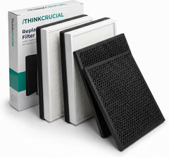 Think Crucial four-piece replacement filter set for the IKEA FÖRNUFTIG air purifier: two particle filters and two activated carbon layers beside the retail box