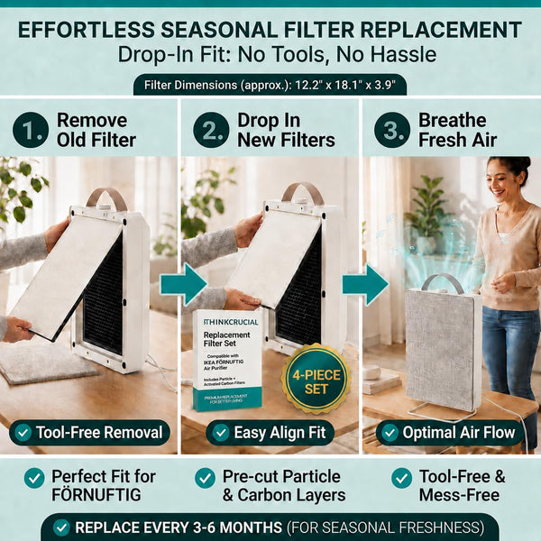 Three-step replacement: remove the old filter, drop in the new four-piece set, and breathe fresh air