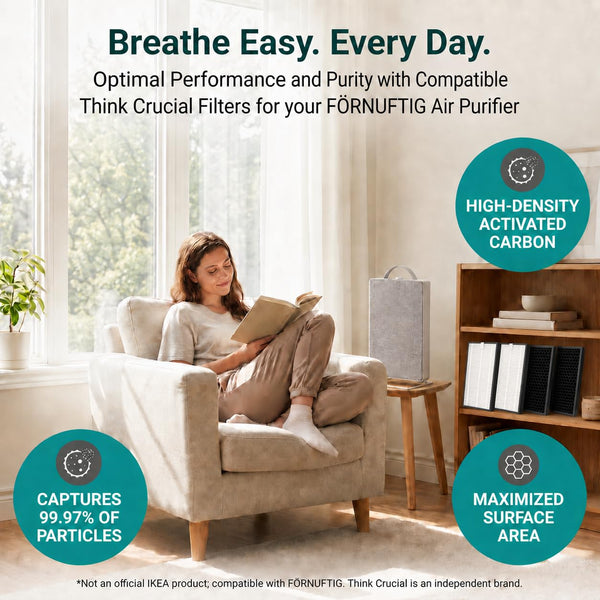FÖRNUFTIG air purifier beside a reading chair, with replacement particle and carbon filters on a nearby shelf
