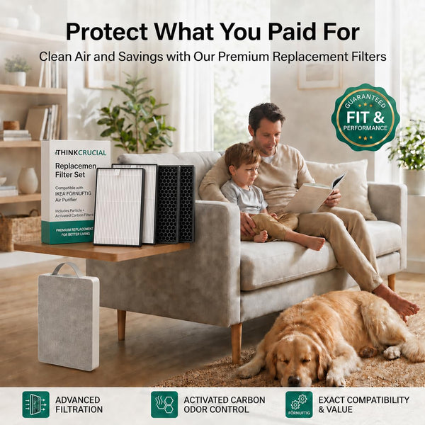 Four-piece replacement filter set and retail box on a side table beside a FÖRNUFTIG purifier in a family living room