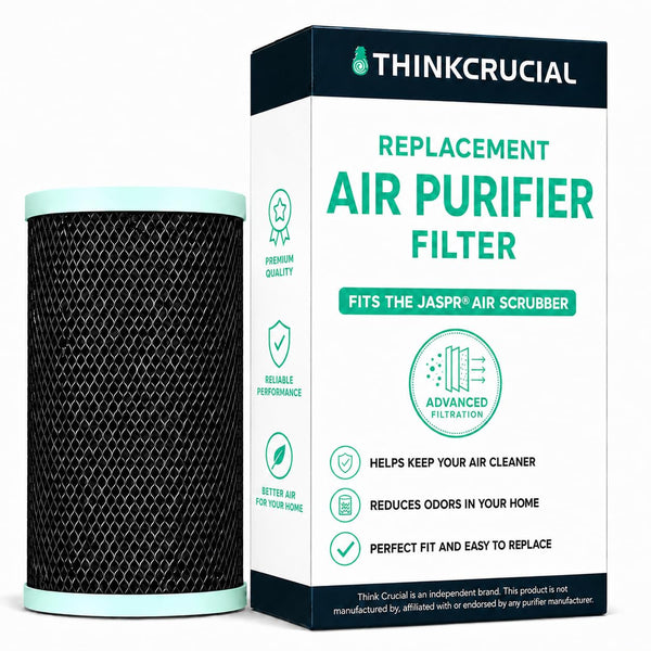 Think Crucial 3-in-1 replacement air purifier filter cartridge next to its retail box, labeled Fits the Jaspr Air Scrubber
