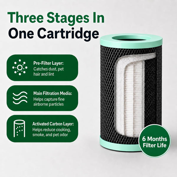Cutaway of the cartridge showing three stages: pre-filter layer, main filtration media, and activated carbon layer, with 6 months filter life