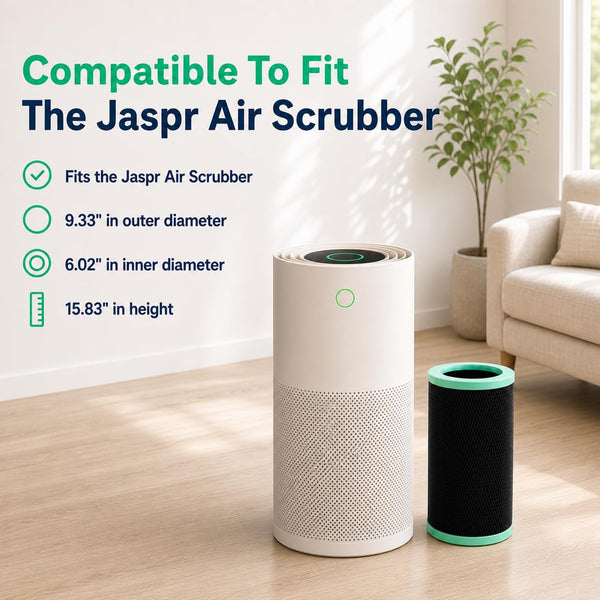 Replacement filter cartridge beside a Jaspr Air Scrubber, listing 9.33 inch outer diameter, 6.02 inch inner diameter, and 15.83 inch height