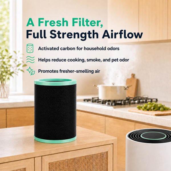Replacement filter on a kitchen counter beside a running air purifier, highlighting activated carbon for cooking, smoke, and pet odors
