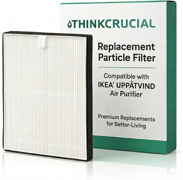 Think Crucial replacement particle filter for the IKEA UPPÅTVIND air purifier shown beside its retail box