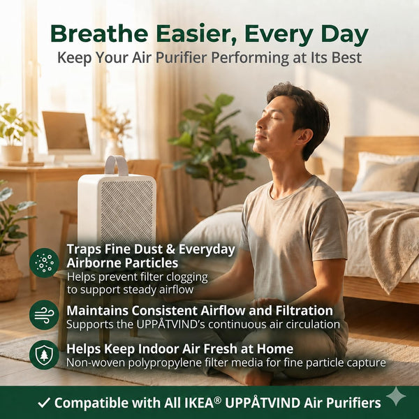 UPPÅTVIND air purifier in a bedroom with the replacement filter trapping fine dust and maintaining consistent airflow