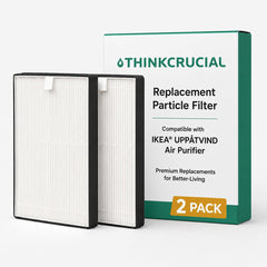 Two Think Crucial replacement particle filters for the IKEA UPPÅTVIND air purifier standing in front of the green 2-pack retail box