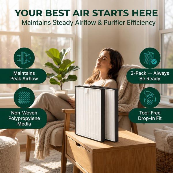 Woman relaxing in a sunlit reading chair beside two replacement filters on a side table, with callouts for steady airflow, non-woven polypropylene media, and tool-free fit