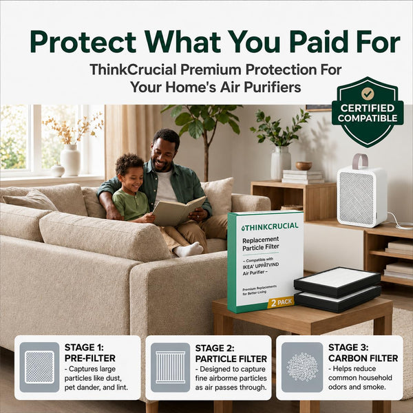 Father and son reading on a living room sofa beside an UPPÅTVIND air purifier, with the 2-pack box and two replacement filters on a side table